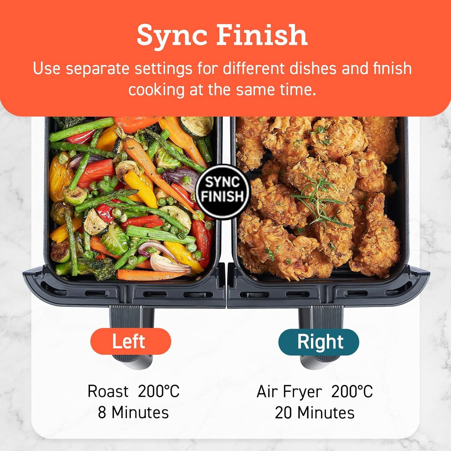 8.5L Dual Air Fryer | 8-in-1 | Sync Cook & Finish | Visible Windows | 2 Non-Stick Drawers + Accessories | Energy Efficient | 50+ Recipes | 35℃-230℃ | Dishwasher Safe