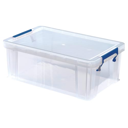 BANKERS BOX 4x 10L Plastic Storage Boxes with Lids. ProStore Super Strong Stackable Plastic Storage Boxes (14 x 34 x 21.5cm), Made in the UK, Clear 10 Litre X 4