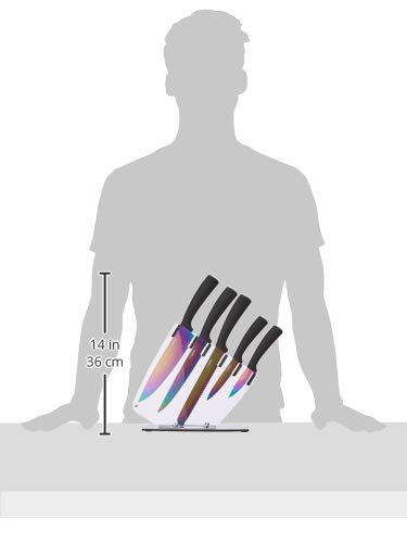 Tower T80703 Kitchen Knife Set with Acrylic Knife Block, Multi-Coloured Blades with Black Handles, 5-Piece 5-piece Knife Set with Stand, Multicolour