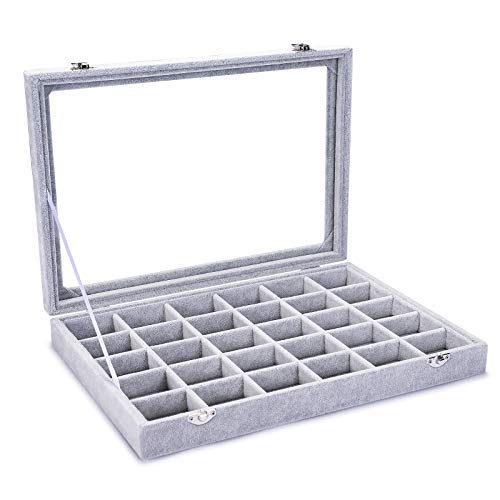 BASUWELL 30 Grids Velvet Glass Jewellery Ring Bracelet Display Organiser Case Holder Earrings Storage Box 30grids Box