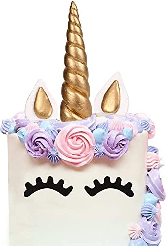 AIEX Unicorn Cake Topper Handmade Gold Birthday Cake Topper, Unicorn Horn, Ears and Eyelash Cake Decorations, Cute Unicorn Birthday/Baby Shower/Holiday Party Cake Decoration(5 Pieces) 1.37x6inches