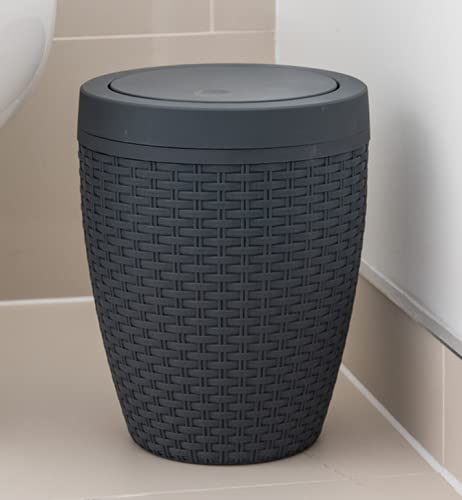 Addis Faux Rattan Round Swing Lid Bathroom Bin, Charcoal, 517488 Swing Bin