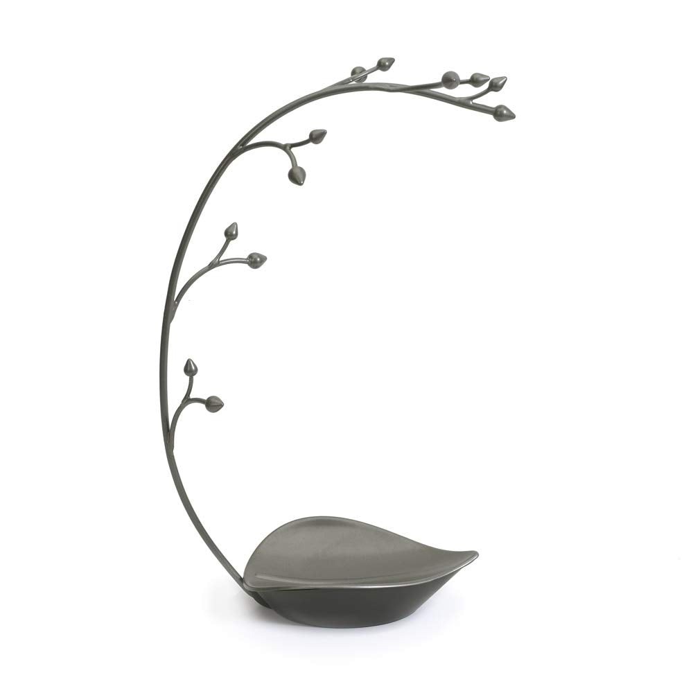 Umbra Orchid Jewelry Hanging Tree Stand - Multi-Functional Necklace Holder Display Organizer Rack With a Ring Dish Tray, Gun Metal, 15"L x 5.5"W x 9"H Single