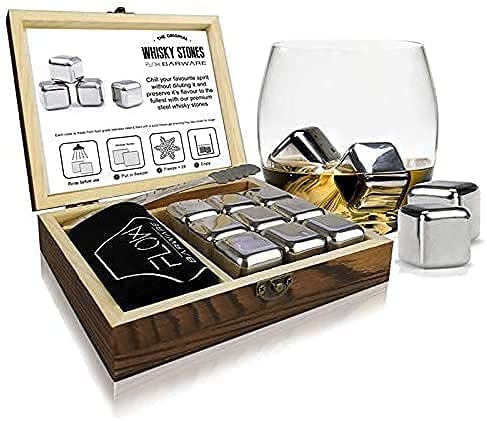 FLOW Barware Whisky Stones Gift Set | 9 Stainless Steel Whisky Stones | Whiskey Stone Gift for Dad | Whiskey Stone Gift Set with Wooden Box | Whiskey Stone with Storage Pouch | Silver