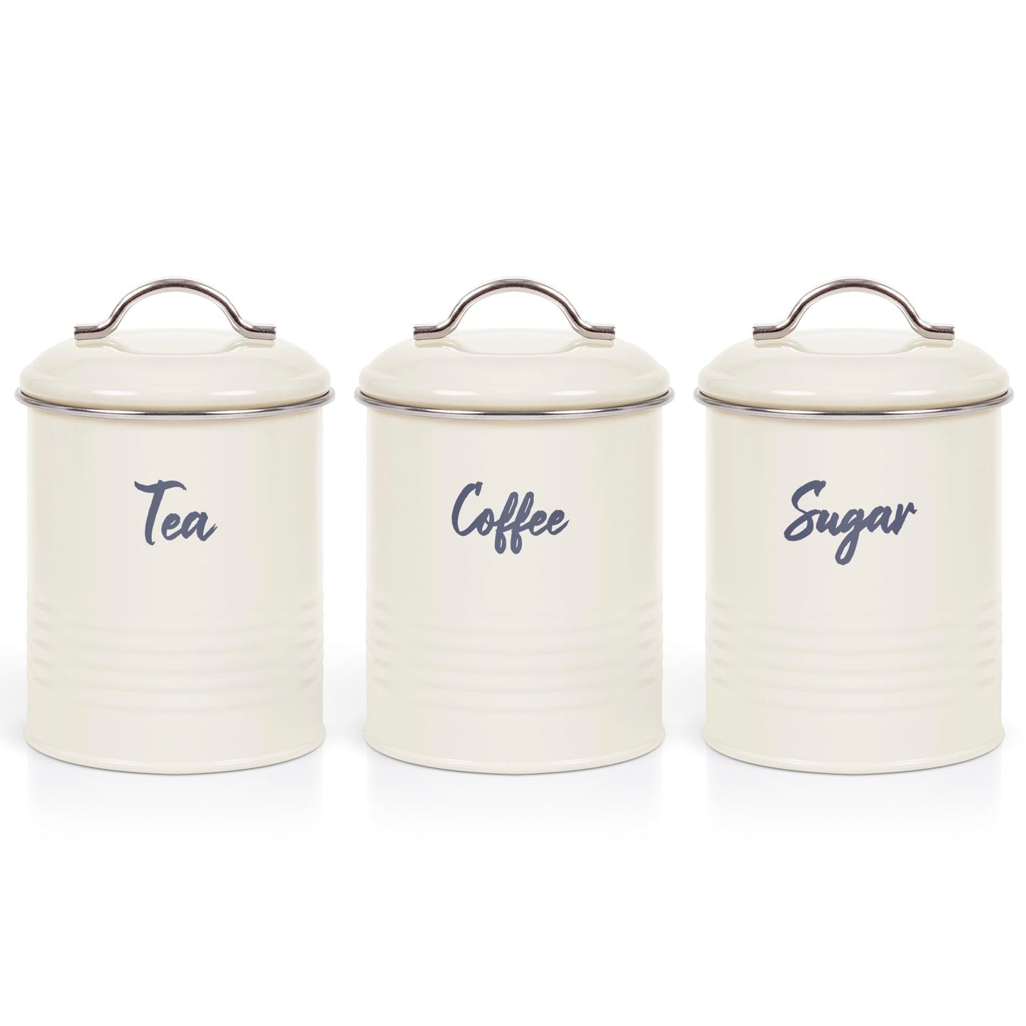 EHC Tea, Coffee, Sugar, Canister Set, Set of 3 Airtight Food Storage Easy to Open Storage Cansiters Jars Tin, Cream