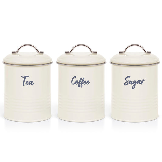 EHC Tea, Coffee, Sugar, Canister Set, Set of 3 Airtight Food Storage Easy to Open Storage Cansiters Jars Tin, Cream