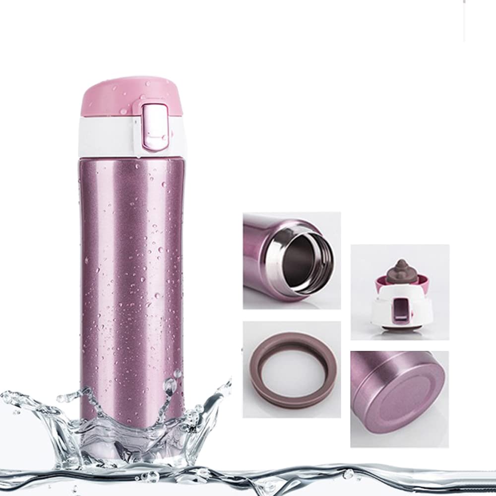 FAPPEN Double Walled Vacuum Flask Thermo, 500ml Stainless Steel Insulated Water Bottle, Flask for Hot and Cold Drinks, Travel Coffee Mug, Sports Water Bottle, Drinks Cup (Pink) Pink