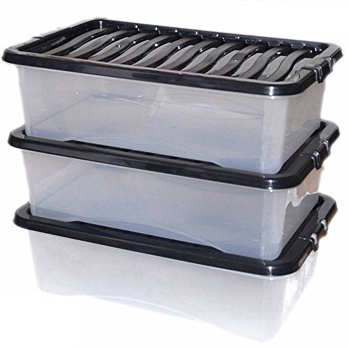 CrazyGadget® 32L 32 Litre Large Big Plastic Storage Clear Box Strong Stackable Container - Made In U.K. - Pack of 3