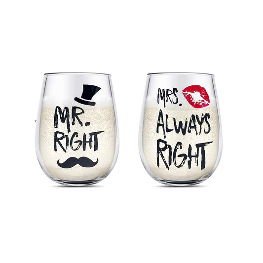 Yalucky Couple Gifts Mr. Right and Mrs. Always Right Stemless Wine Glass Set Engagement Gift Wedding Gift for Couple Golden Wedding Anniversary for Bride and Groom Valentines Gifts for Him and Her Black&red