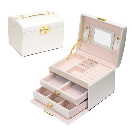 E-MANIS Jewellery Box, 3 Layers PU leather jewelry storage box with mirror and lock, Drawer type, For storing rings, bracelets, earrings, necklaces, Synthetic leather and velvet, Female gift - White