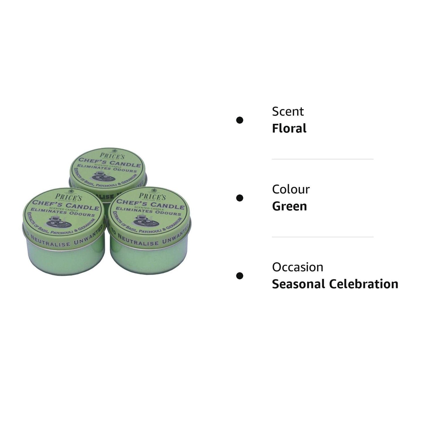 Prices Chefs Candle in Tin - Eliminates Cooking Cooks Kitchen Odour - TRIPLE PACK,Green,6.8 l x 19.8 w x 4.4 h centimeters 1 Green