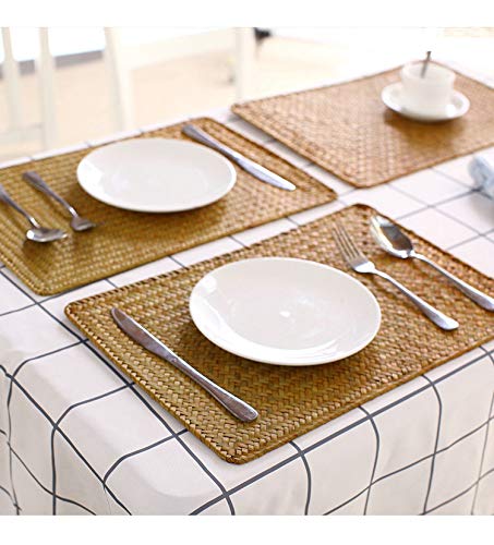 6 Pack, Rectangular Woven Rattan Placemats, Natural Seagrass Table Mats for Dinner Table (43 x 30 cm) Set of 6