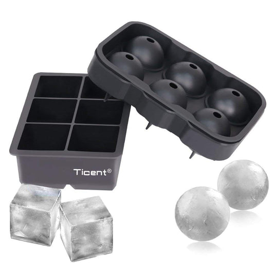 Ticent & Co Silicone Ice Cube Trays (Set of 2), Sphere Ice Ball Maker with Lid & Large Square Moulds, Reusable & BPA Free Black