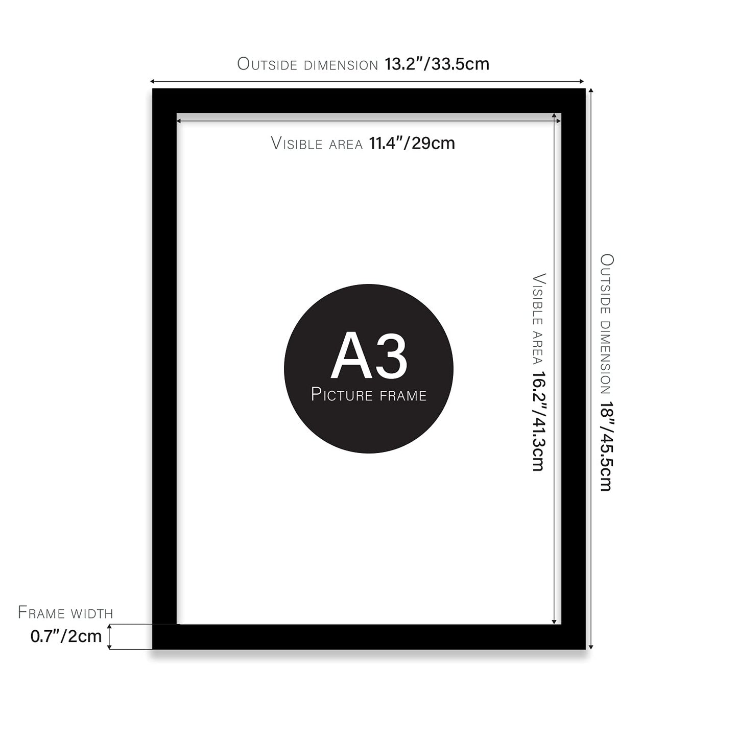 A3 Black Picture Frame, Fits A3 (29.7 x 42cm - 11.7 x 16.5in) Poster, Photo, or Print. Portrait and Horizontal Wall Hooks A3 Picture Frame