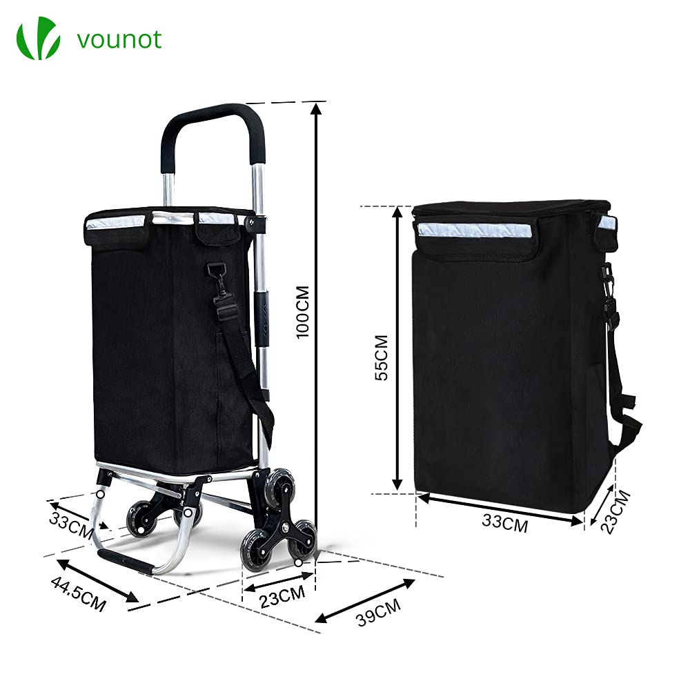 VOUNOT Folding Shopping Trolley on 6 Wheels, Aluminium Lightweight Shopping Cart with Insulated Cooling Bag, Stair Climbing Grocery Trolley, 50L, Black