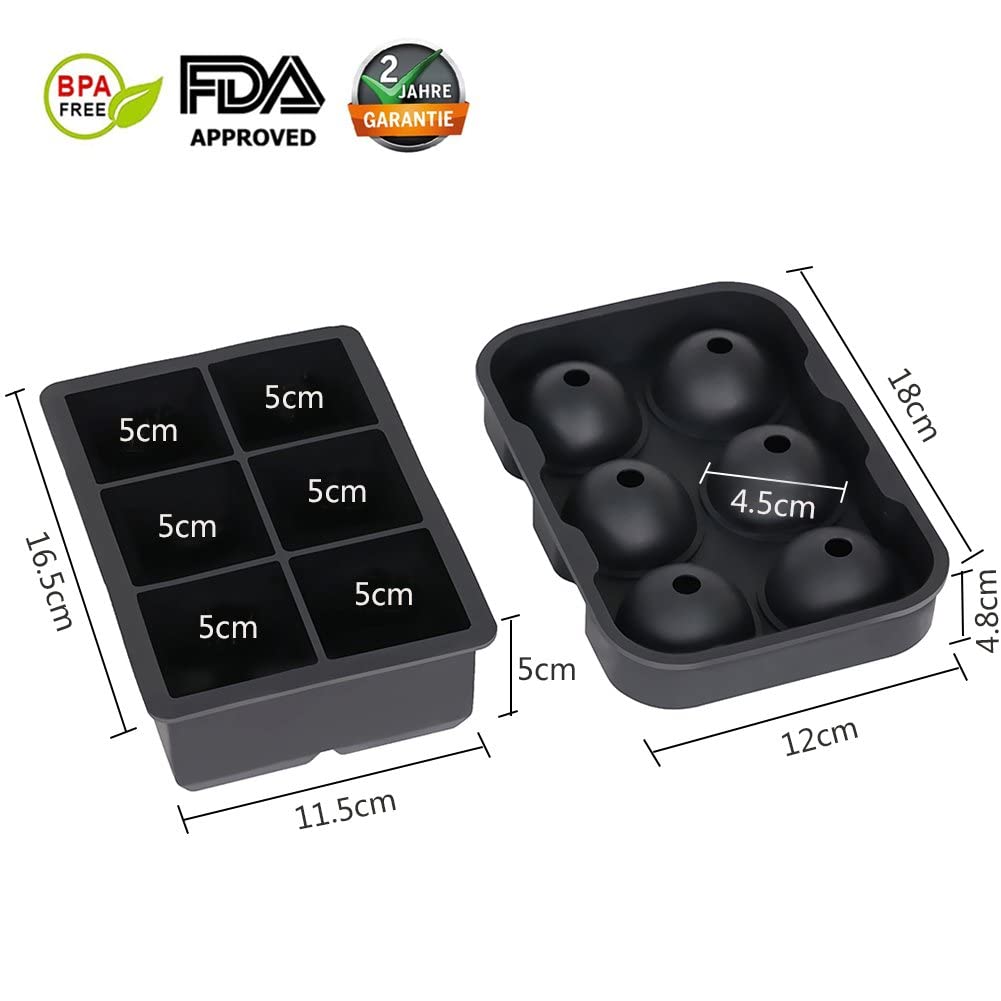 Ticent & Co Silicone Ice Cube Trays (Set of 2), Sphere Ice Ball Maker with Lid & Large Square Moulds, Reusable & BPA Free Black