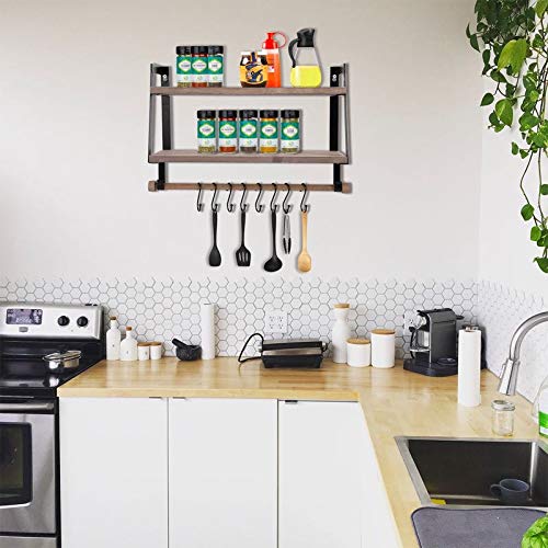 Vencipo 2-Tier Floating Shelves Wall Mount for Kitchen Spice Rack with 8 Hooks Storage, Rustic Farmhouse Wood Wall Shelf for Bathroom Décor with Towel Bar. Carbon Black