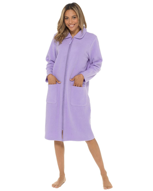 Undercover Ladies Zip Up Soft Fleece Dressing Gown, Zipped Robe with Satin Trim UK 10-28 Rose, Purple, Blue, Lilac & Pink 18-20 Lilac (Collar)