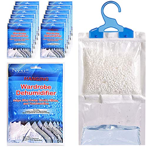 Nyxi Set of 12 Hanging Interior Wardrobe Dehumidifier - 230g Each Bag - Ideal to stop damp, mould mildew & condensation- For Wardrobe, Home, Kitchen, Garage, Bedroom, Caravan, Office, Basement etc Pack of 12