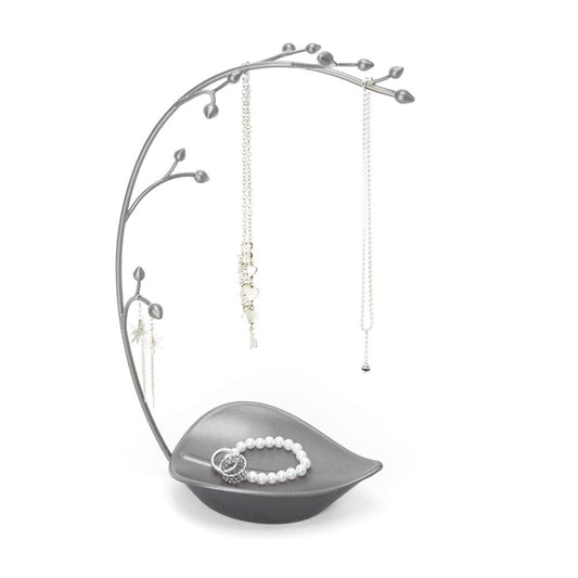 Umbra Orchid Jewelry Hanging Tree Stand - Multi-Functional Necklace Holder Display Organizer Rack With a Ring Dish Tray, Gun Metal, 15"L x 5.5"W x 9"H Single