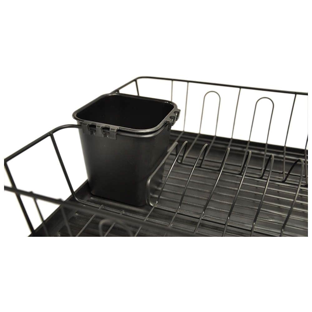 Dish Rack Drainer Kitchen Plate Drying Rack with Removable Drip Tray and Utensil Holder Anti Rust Compact Design Black