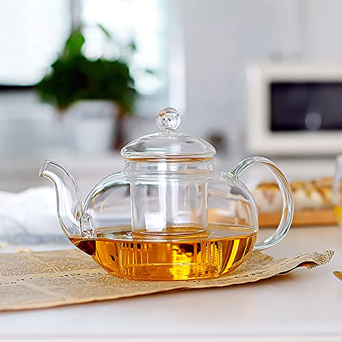 CnGlass Glass Teapot Stovetop Safe,Clear Teapot with Removable Infuser 600ML/20.3OZ,Borosilicate Glass Teapot with Strainer for Loose Tea and Blooming Tea Maker