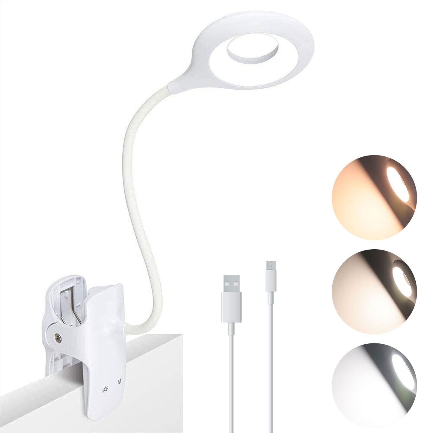 Clip On Reading Light, 28 LED Eye Protect Book Light, 3 Colour * 3 Brightness Bed Reading Light with Flexible Neck, USB Rechargeable Reading Lamp,Touch Control Bed Lamp White