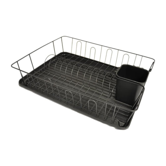 Dish Rack Drainer Kitchen Plate Drying Rack with Removable Drip Tray and Utensil Holder Anti Rust Compact Design Black