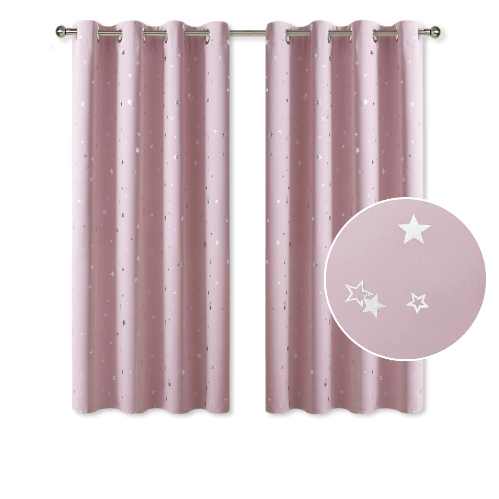 PONY DANCE Pink Curtains for Bedroom - 52 x 54 inch Pink Eyelet Foil Printed Star Blackout Curtains Thermal Eyelet Panels for Kids Preteen Bedroom/Nursery, Light Pink, 2 PCs 2 x W 52 x L 54 Printed Stars | Light Pink