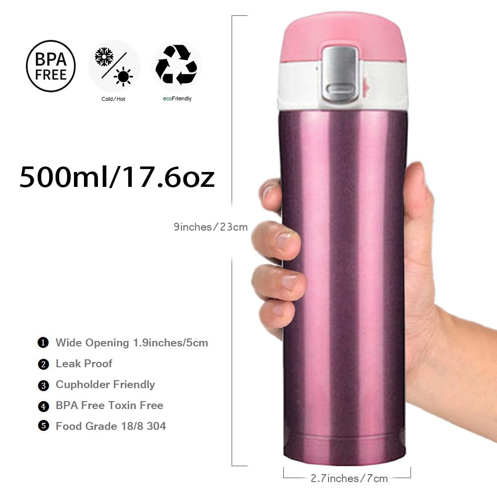 FAPPEN Double Walled Vacuum Flask Thermo, 500ml Stainless Steel Insulated Water Bottle, Flask for Hot and Cold Drinks, Travel Coffee Mug, Sports Water Bottle, Drinks Cup (Pink) Pink