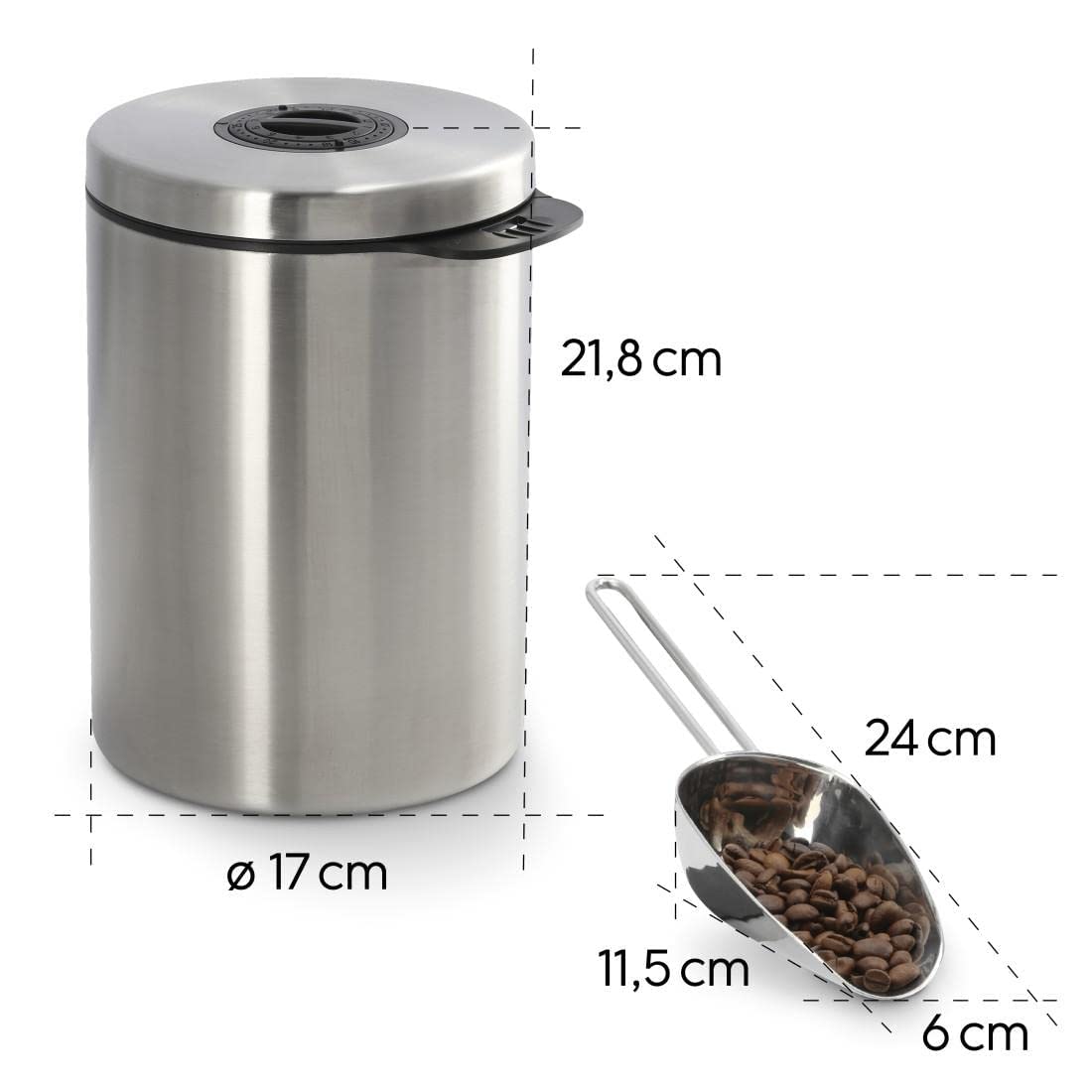 Xavax Stainless Steel Tin for 1kg Coffee Beans With Scoop, Airtight Coffee Bean Container, Aroma jar made of stainless steel, Storage jar for storage, silver