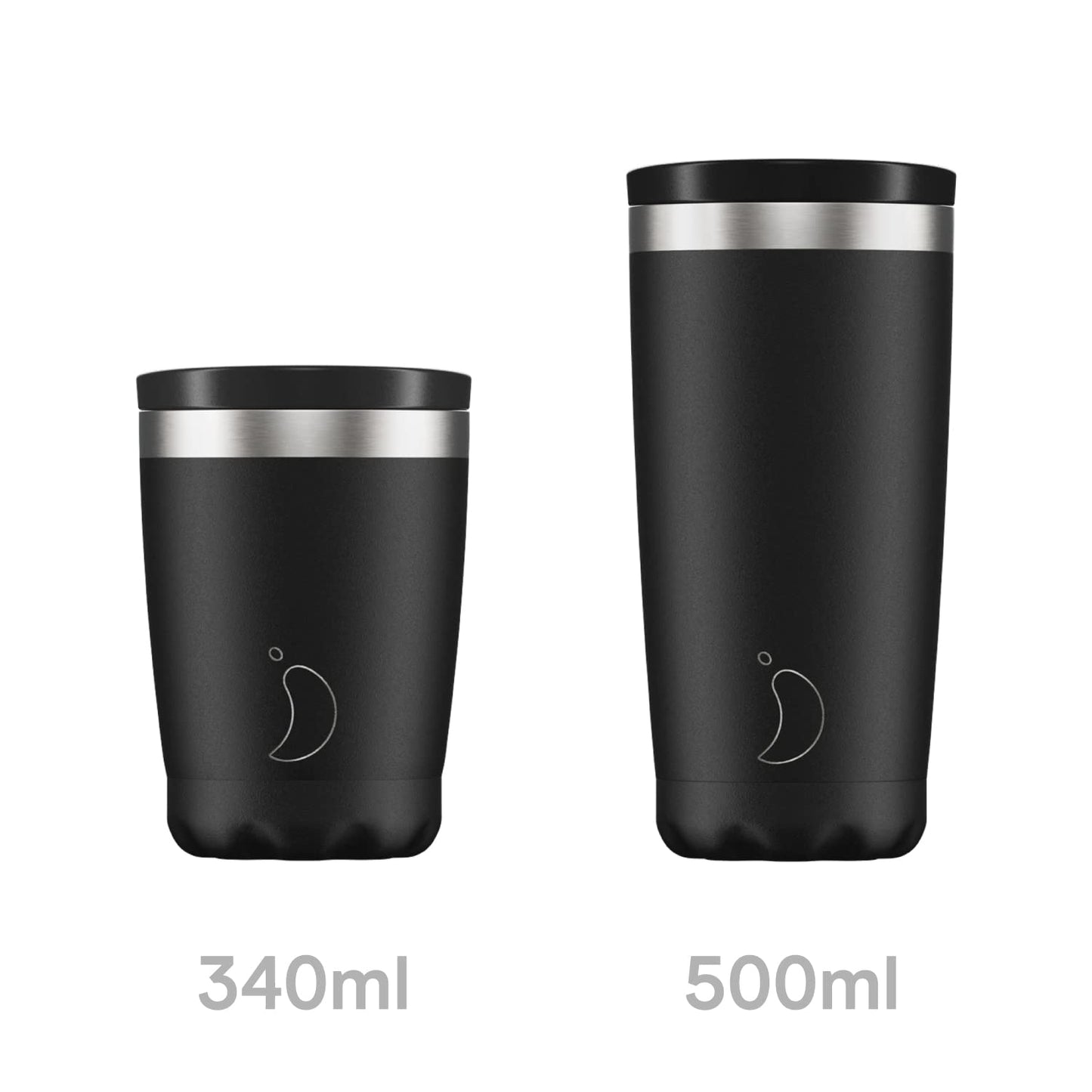 Chilly's Original Coffee Cup - Thermal Travel Mug For Cold & Hot Drinks - Reusable Cups with Lids - Double Walled Vacuum Insulated Mug - Stainless Steel - 340ml - Monochrome Black