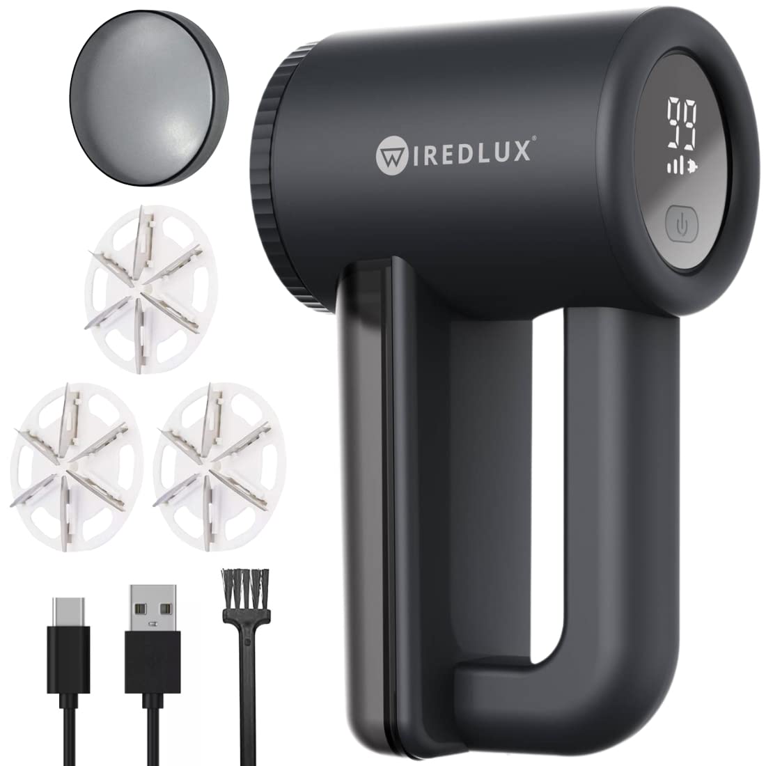 Electric Lint Remover WiredLux - Rechargeable Fabric Shaver Bobble Remover for Clothes & Furniture - Adjustable 3-Speed, 6-Leaf Blade, LED Display, USB Charging - Debobbler with Dual Protection Black