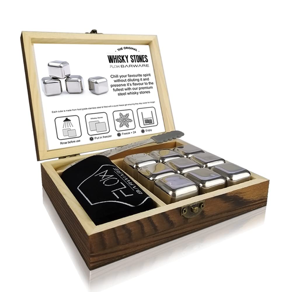 FLOW Barware Whisky Stones Gift Set | 9 Stainless Steel Whisky Stones | Whiskey Stone Gift for Dad | Whiskey Stone Gift Set with Wooden Box | Whiskey Stone with Storage Pouch | Silver