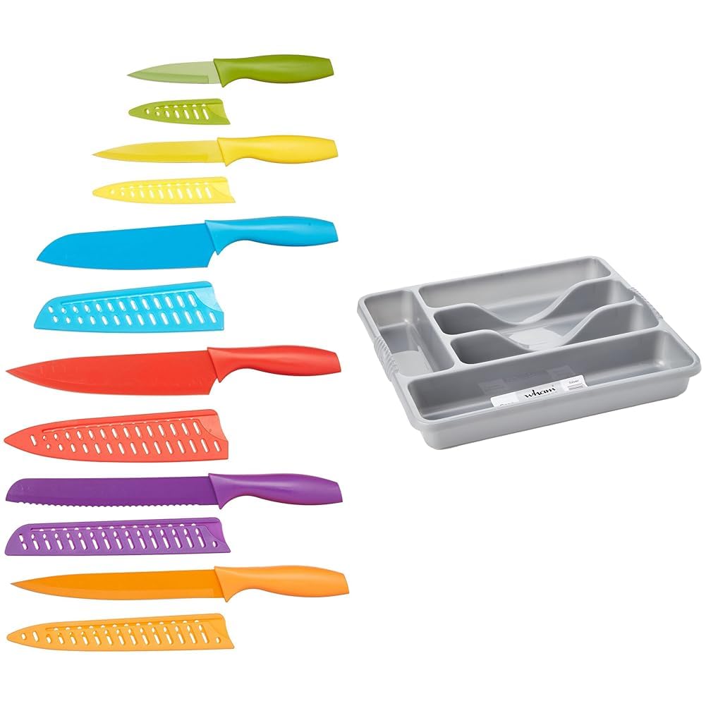 Amazon Basics 12-Piece Coloured Knife Set, Assorted & Wham Silver 5 Compartment Plastic Cutlery Holder Tray Drawer Organiser Rack