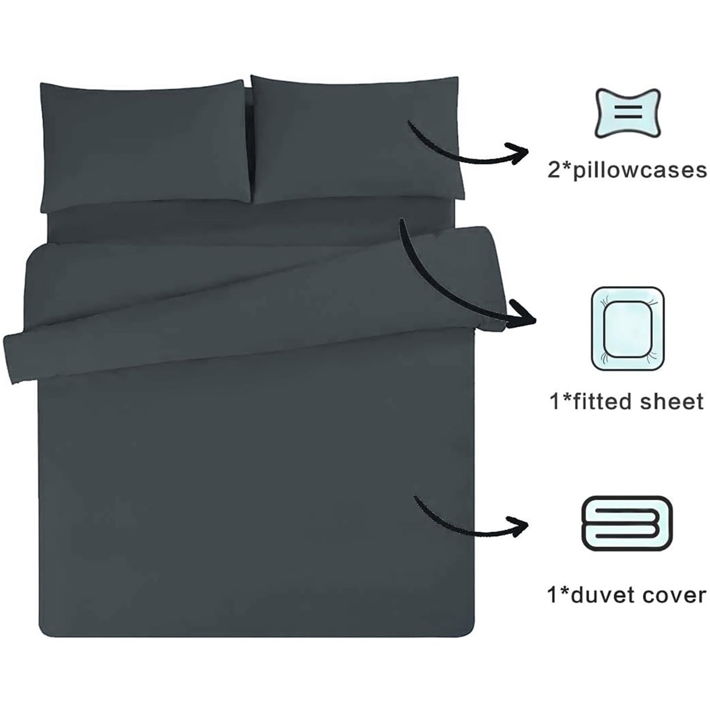 Aisbo Double Duvet Set with Sheet - Dark Grey 4 Pieces Microfiber Bedding Set for Double Bed, Includes Duvet Cover, Fitted Sheet and Pillowcases