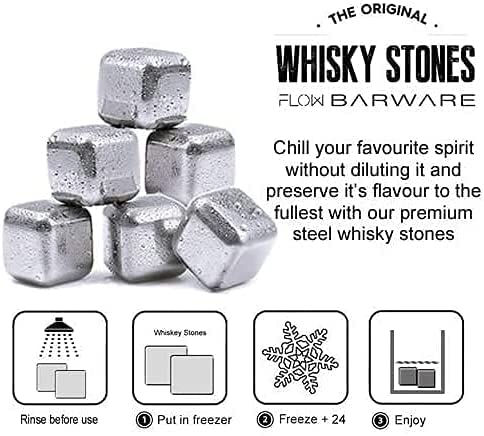 FLOW Barware Whisky Stones Gift Set | 9 Stainless Steel Whisky Stones | Whiskey Stone Gift for Dad | Whiskey Stone Gift Set with Wooden Box | Whiskey Stone with Storage Pouch | Silver