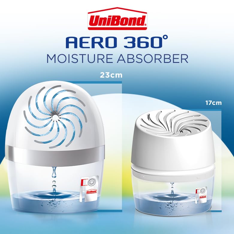 UniBond AERO 360º Moisture Absorber, Ultra-Absorbent Dehumidifier, Helps to Prevent Condensation, Mould & Musty Smells, Refillable Condensation Absorber, 1 Device incl. 1 Refill Tab 450g Standard Device