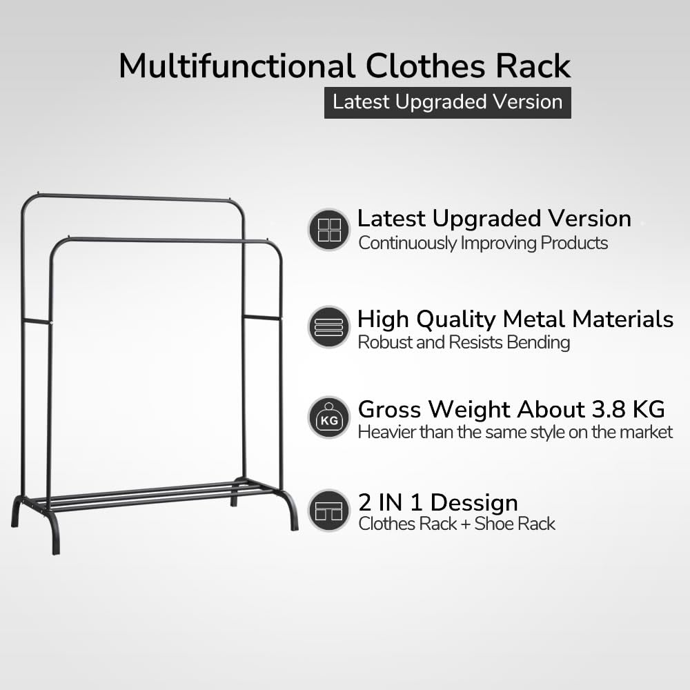 GISSAR Clothing Double-Rail Garment Rack with Shelves, Metal Hang Dry Clothing Rail for Hanging Clothes,with Top Rod Organizer Shirt and Lower Storage Shelf for Boxes Shoes Boots Black