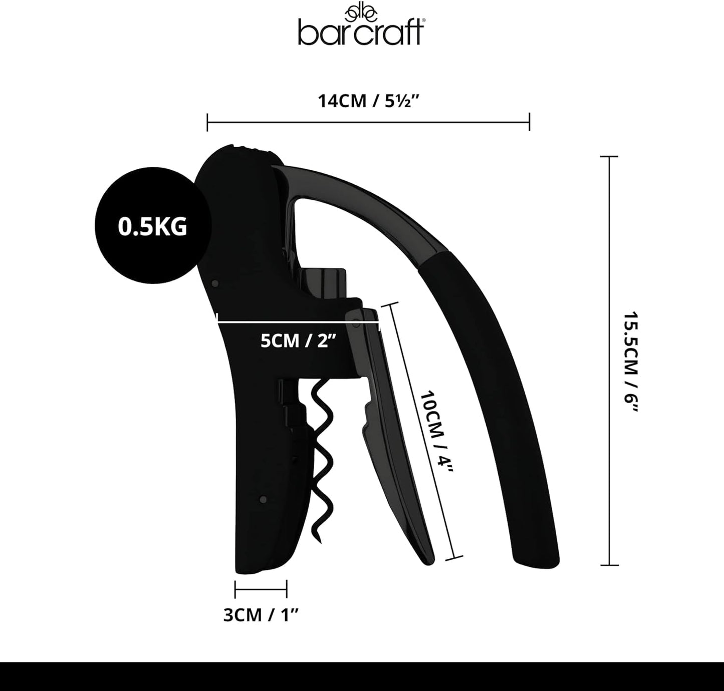 BarCraft Deluxe Corkscrew, Wine Bottle Opener with Built-in Foil Cutter, Black & Chrome