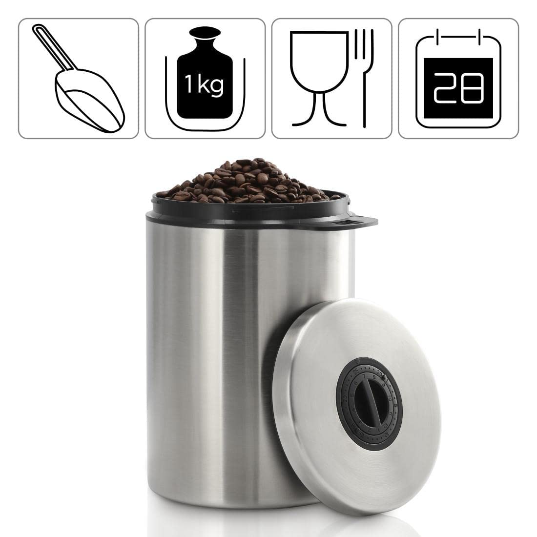 Xavax Stainless Steel Tin for 1kg Coffee Beans With Scoop, Airtight Coffee Bean Container, Aroma jar made of stainless steel, Storage jar for storage, silver