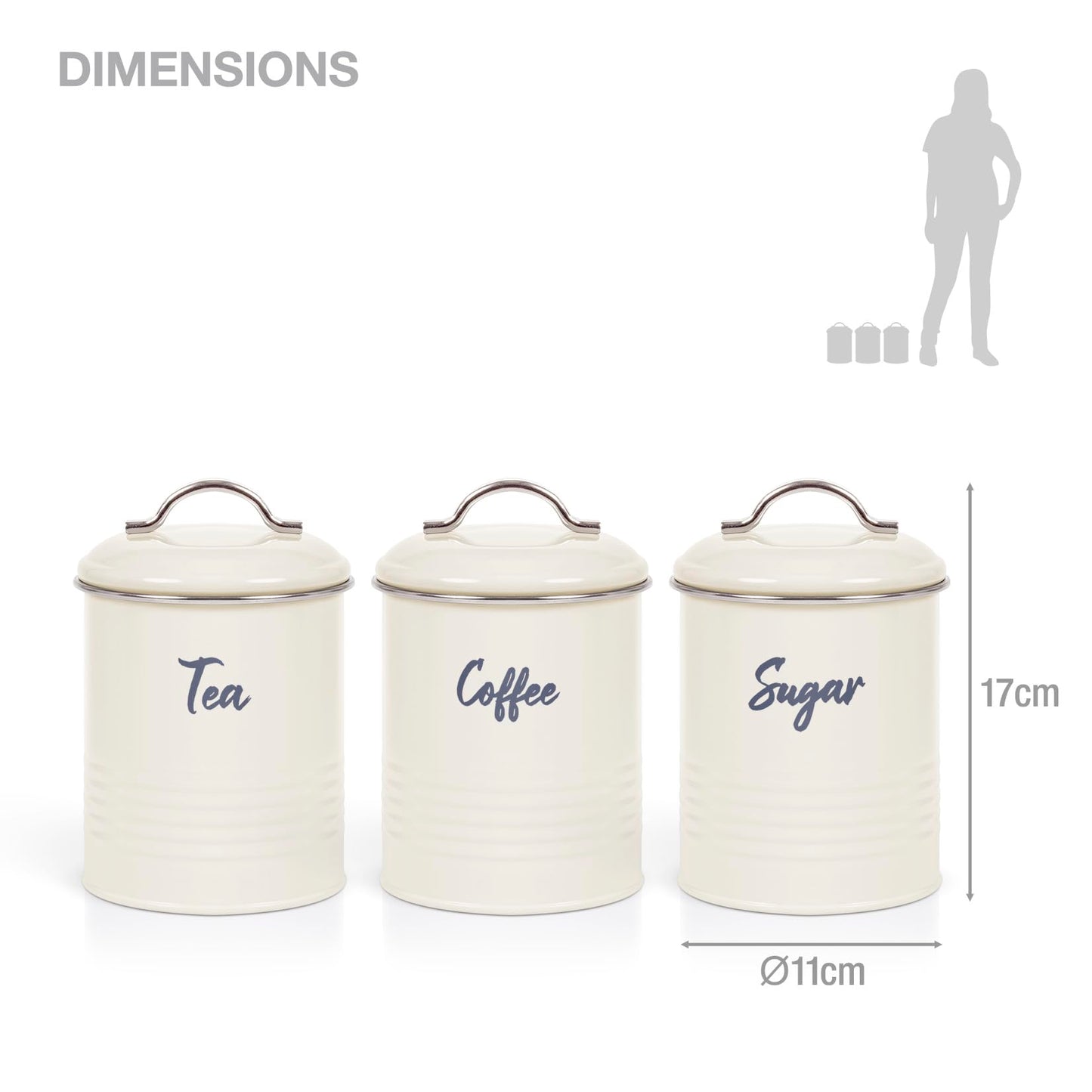 EHC Tea, Coffee, Sugar, Canister Set, Set of 3 Airtight Food Storage Easy to Open Storage Cansiters Jars Tin, Cream