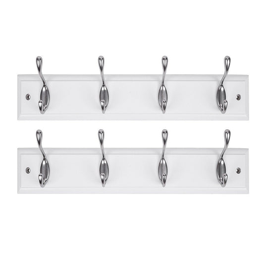 DOKEHOM [2 Pack 4-Satin Nickel Hooks on White Wooden Board Wall Mounted Coat Hook Rack Hanger 4-hooks on White/2 Pack