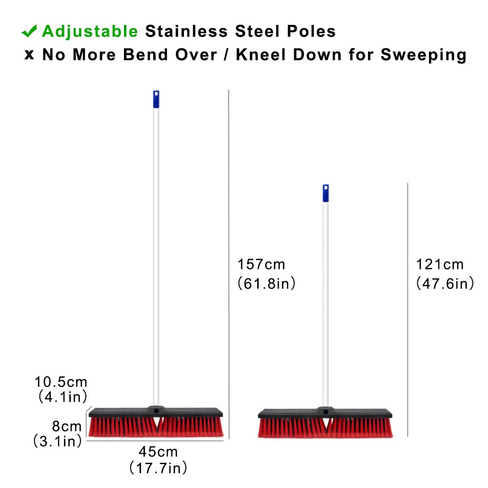 Push Broom Stiff Indoor Outdoor Rough Surface Floor Scrub Brush 17.7 inches Wide 61.8 inches Long Handle Stainless Steel, for Cleaning Bathroom Kitchen Patio Garage Deck Concrete Wood Stone Tile Floor