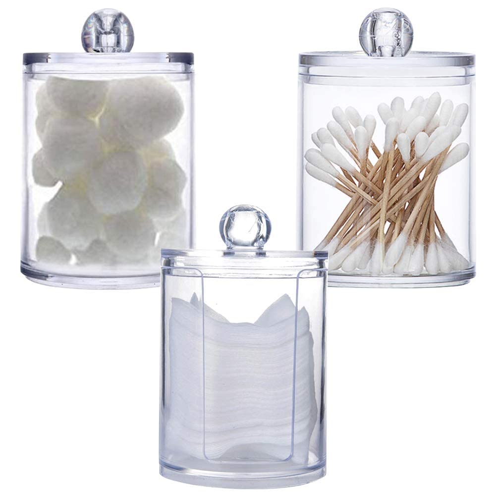 3Pcs Clear Acrylic Makeup Pads Container Organizer,Plastic Cotton Ball and Swab Holder with Lid Bathroom Jar Storage Beauty Makeup Organizer Storage for Cotton Balls,Swabs,Q-Tips,(Transparent) Transparent