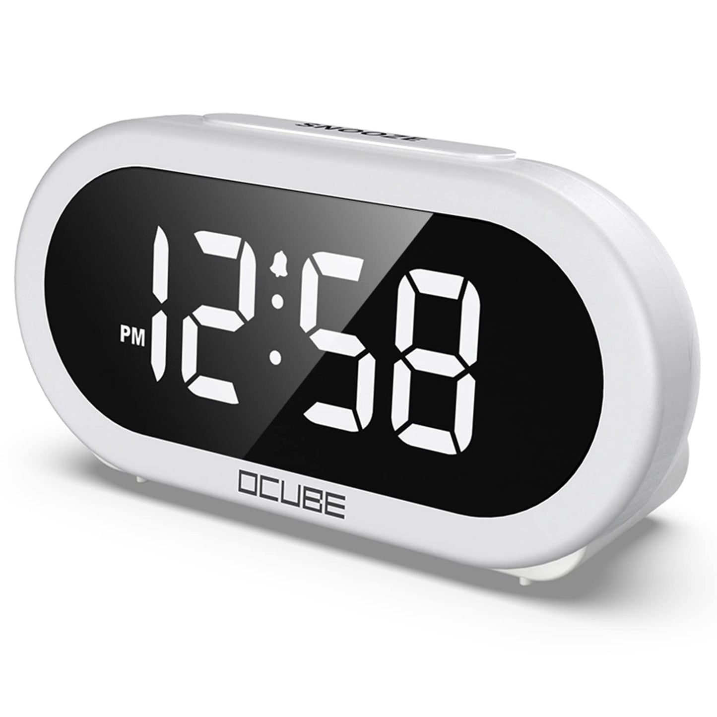 OCUBE LED Digital Alarm Clock with 5 Optional Alarm Sounds, USB Charging Port, Full-Range Brightness Dimmer, Big White Digit Display, Snooze, Adjustable Alarm Volume, Mains Powered