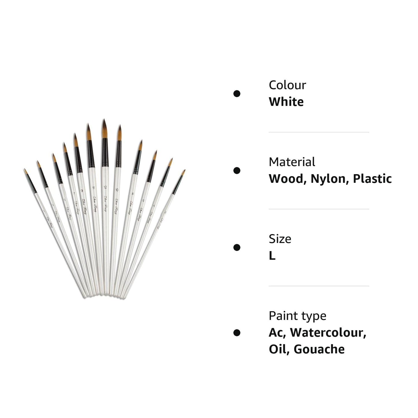 Paint Brushes, ASelected 12pcs Round Paint Brush Set for Watercolor Oil Acrylic Crafts Rock Face Painting (White)