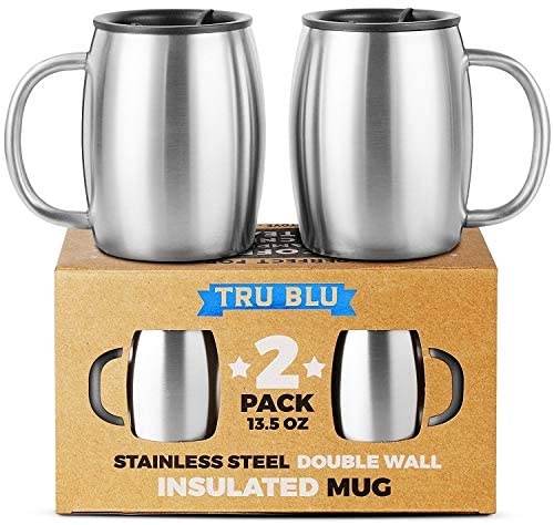 Stainless Steel Coffee Mug with Lid, Set of 2 - Premium Double Wall Insulated Travel Mugs - Shatterproof, BPA Free Spill Resistant Lids, Dishwasher Safe (Steel, 400 ml) 2 Count (Pack of 1)