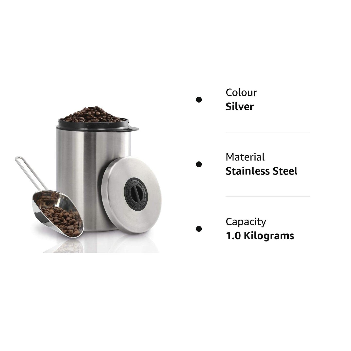 Xavax Stainless Steel Tin for 1kg Coffee Beans With Scoop, Airtight Coffee Bean Container, Aroma jar made of stainless steel, Storage jar for storage, silver