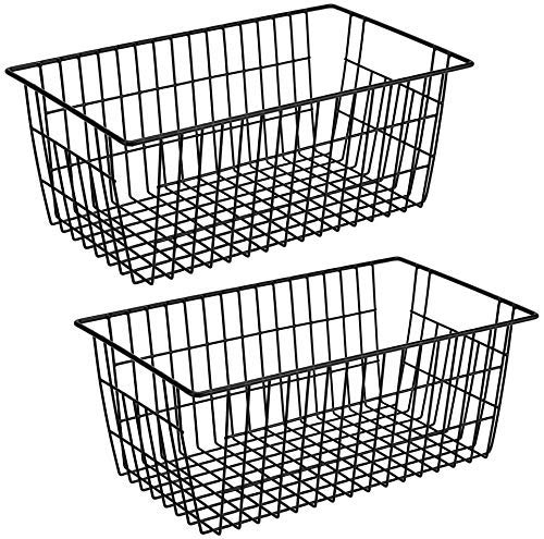 SANNO Wire Organizer Storage Bins Basket Black Farmhouse Large Organizer Bins for Fridge Storage Freezer, Office, Bathroom, Pantry Organization Storage Bins Rack with Handles-Set of 2 2pack